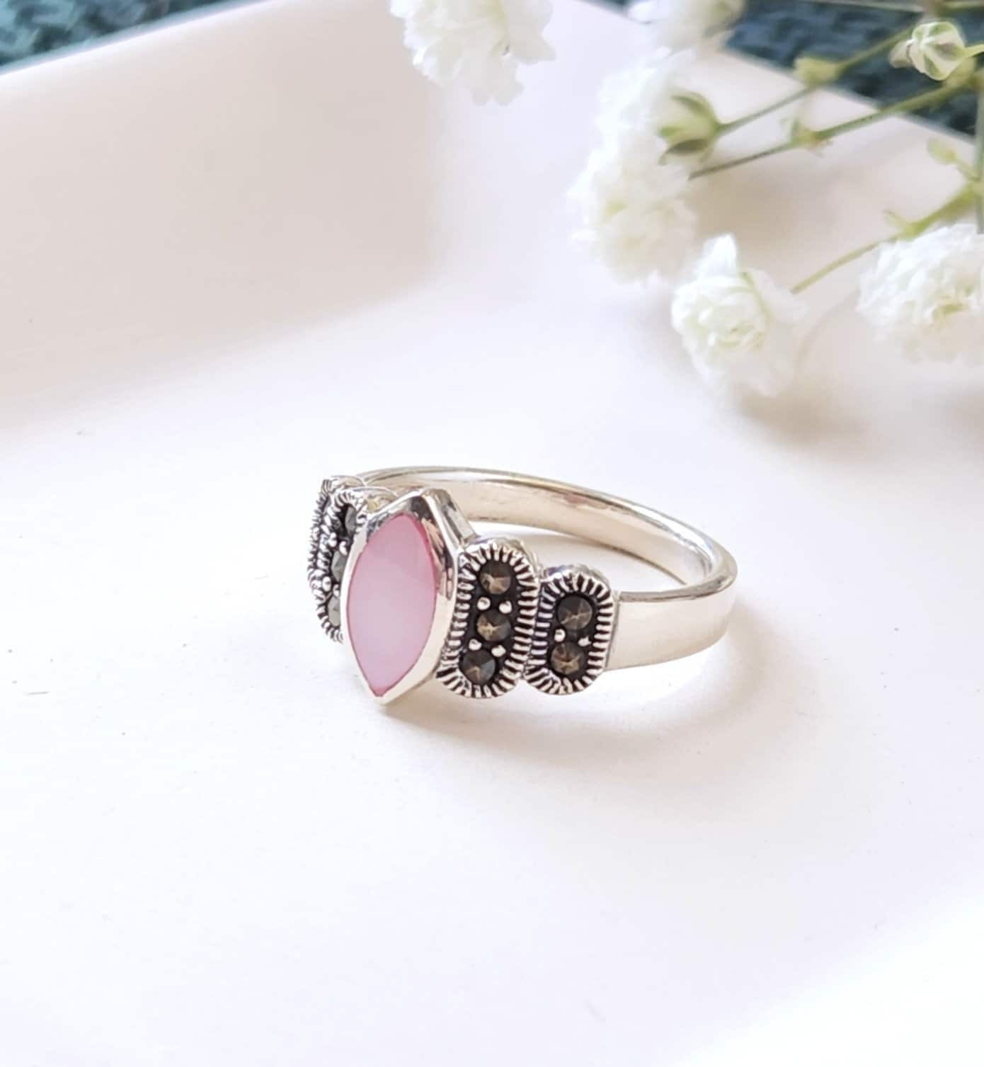 Vintage Pink Mother of Pearl Ring, Shell Jewelry, Sterling Silver