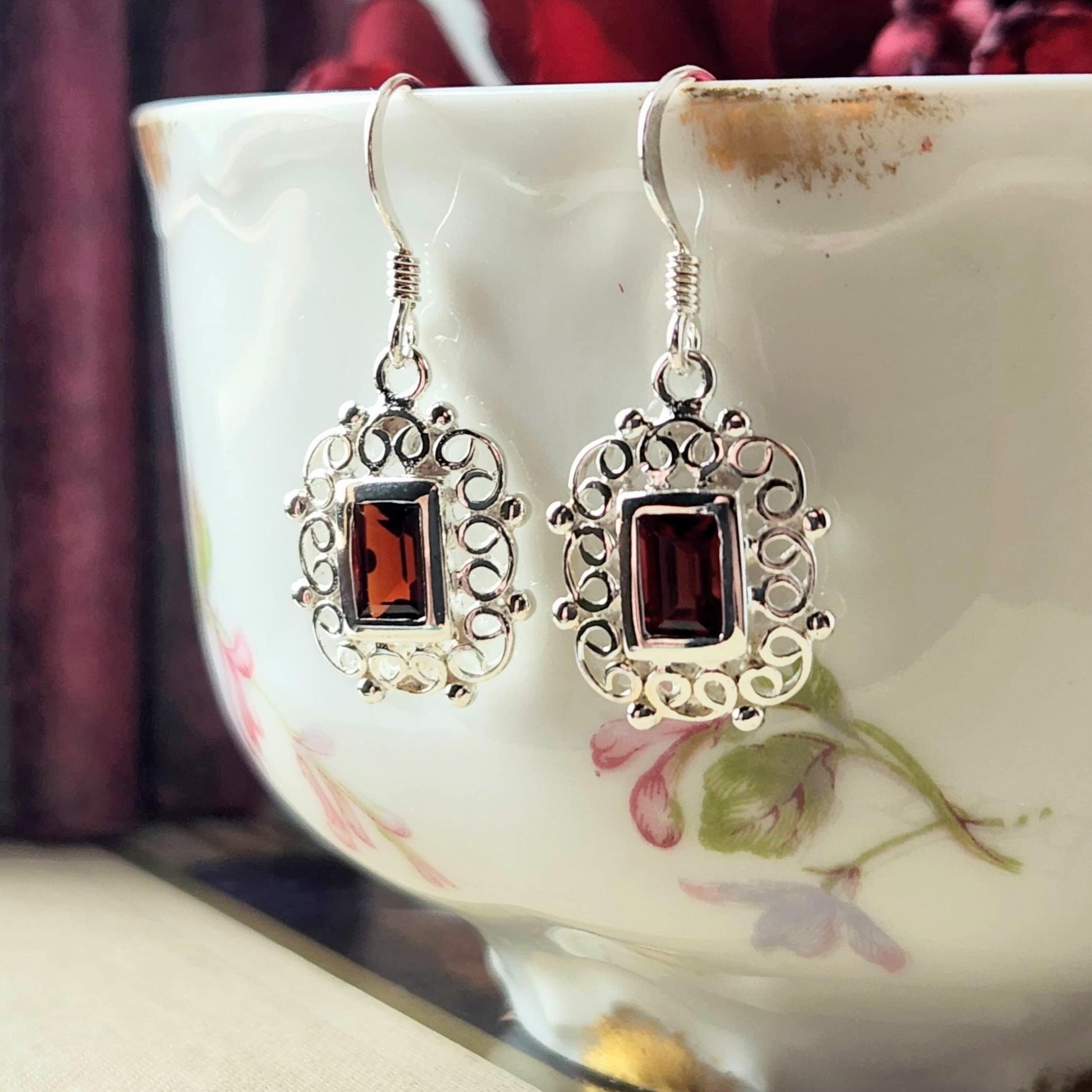 garnet filigree earrings sterling silver vintage inspired